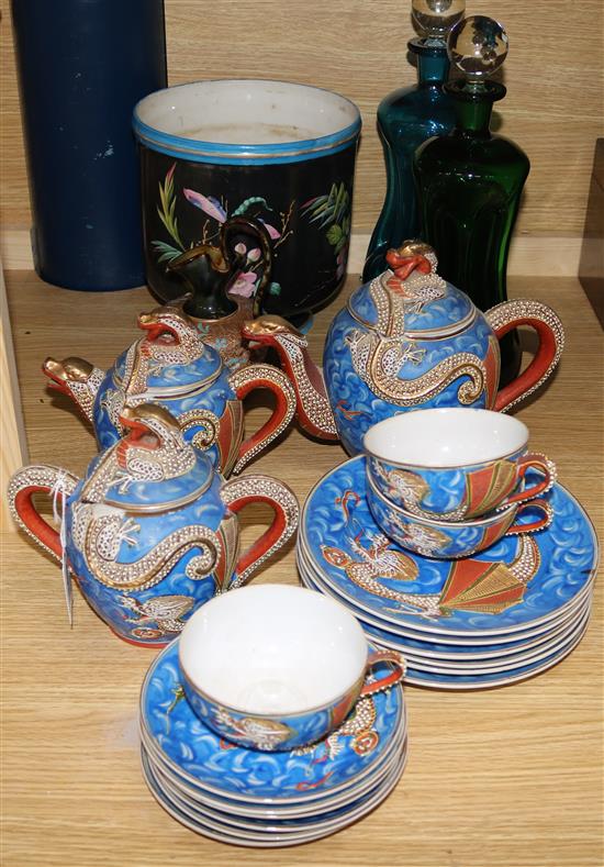 2 coloured decanters, Japanese tea set etc